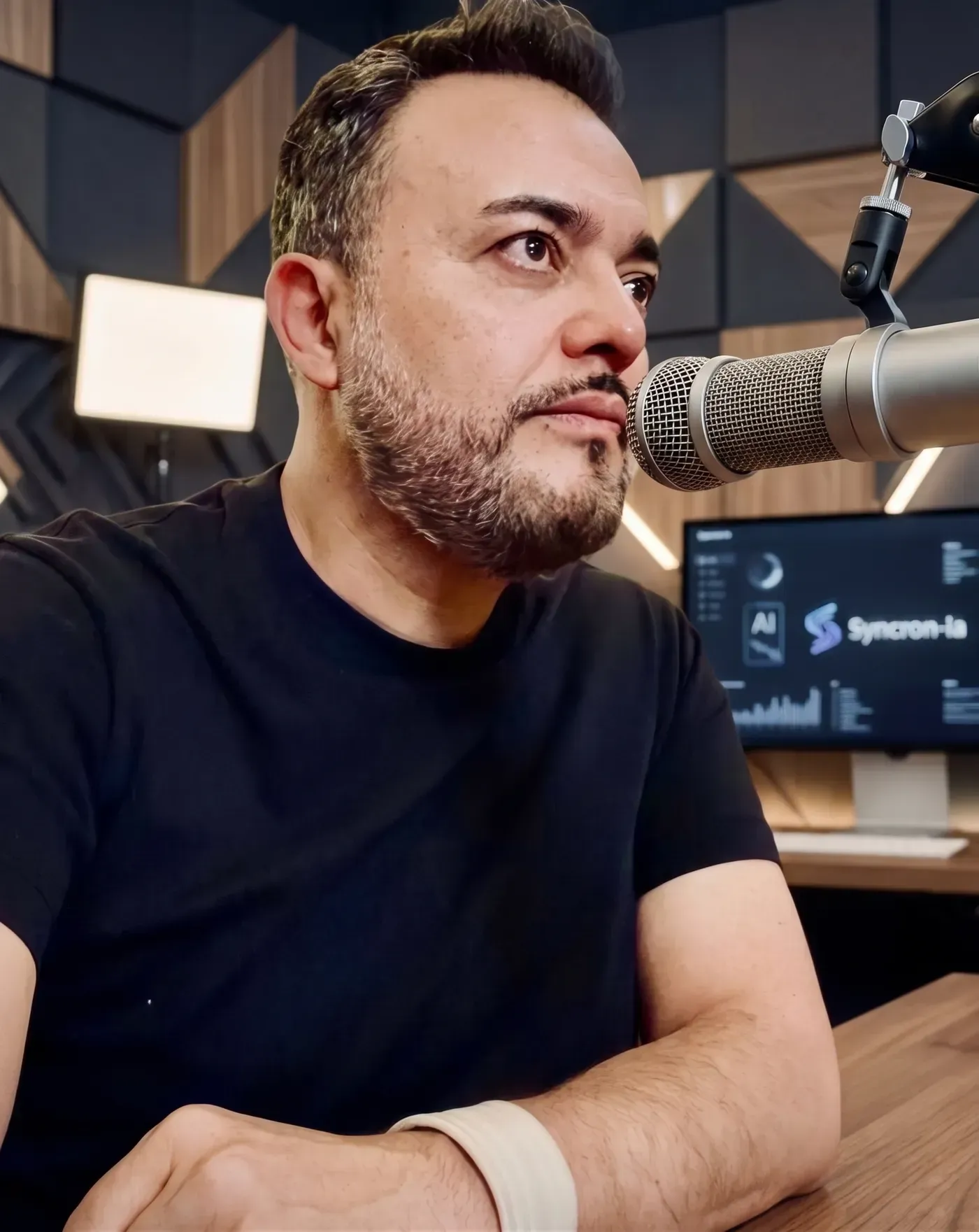Arturo Ordorika frente al micrófono en una cabina de podcast. Imagen generada con inteligencia artificial.