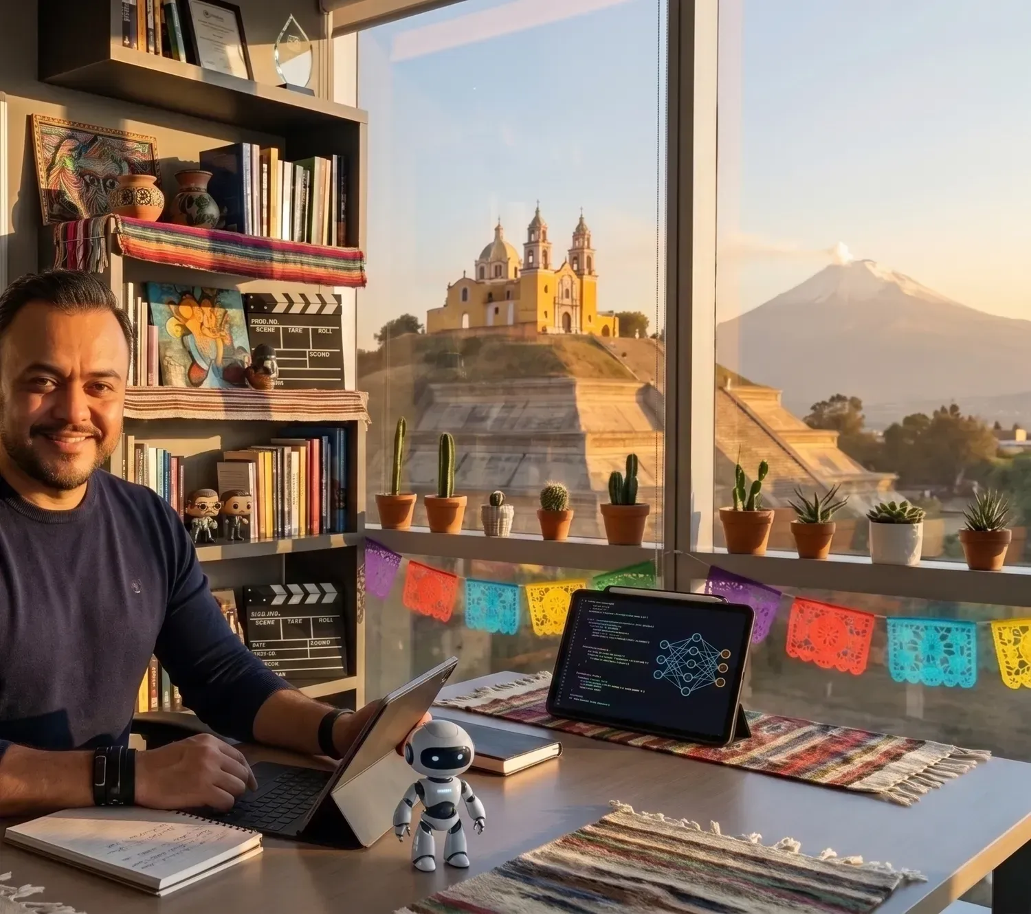 El estudio de Arturo Ordorika en Cholula: libros, papel picado y, por la ventana, la iglesia sobre la pirámide y el volcán. Imagen generada con inteligencia artificial.