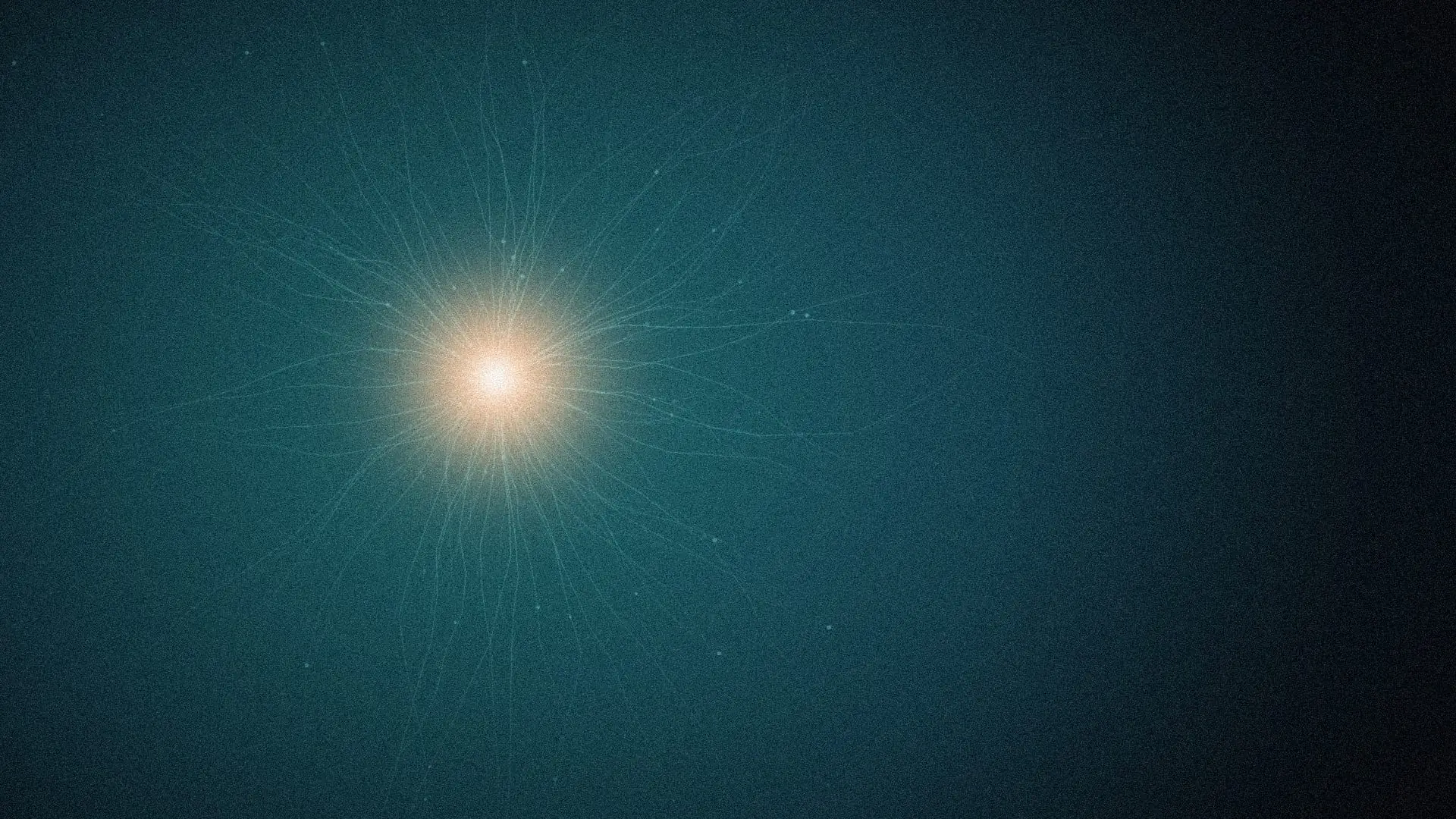 A network of light synapses converging on a single point of gold over an abyssal teal void