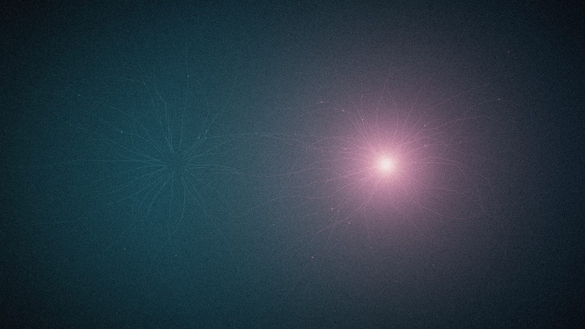 Dos núcleos de luz enfrentados en la oscuridad: uno teal frío, uno magenta encendido