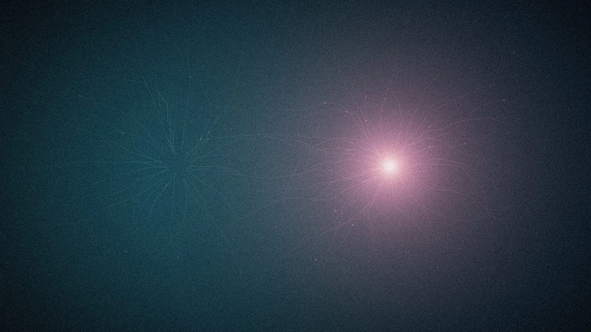 Two cores of light facing each other in the dark: one cold teal, one burning magenta