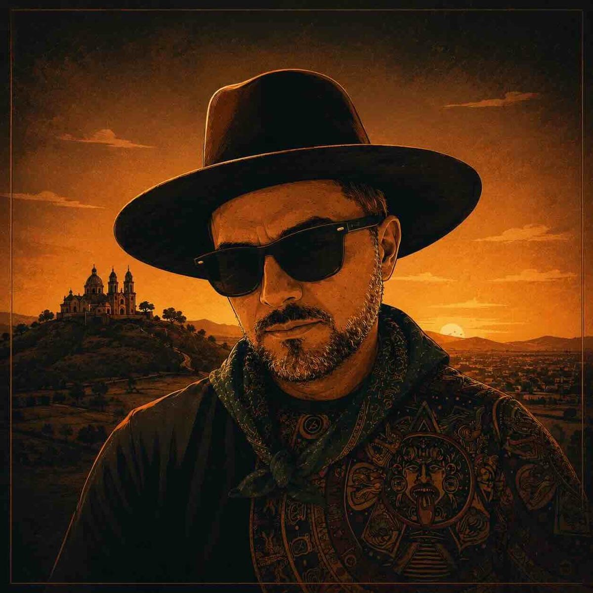 Retrato ilustrado de John Dust: sombrero de ala ancha, lentes oscuros y paliacate, con la iglesia de Cholula al fondo y el sol cayendo