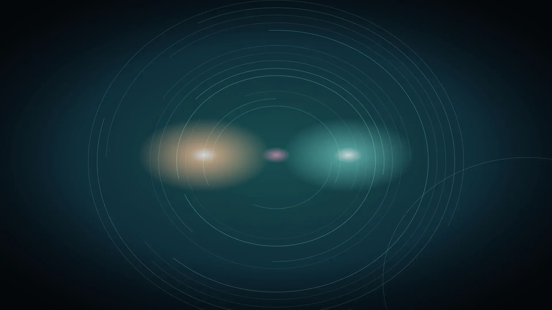 Two lights facing each other in the dark, one gold and one teal, with a magenta spark between them