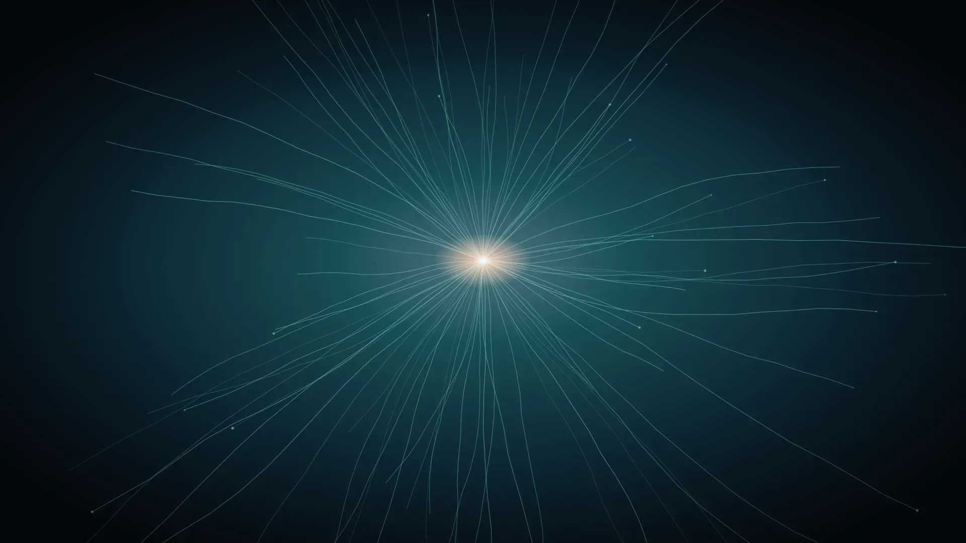 A dense network of light synapses converging on a gold core with a magenta halo, over a teal abyss