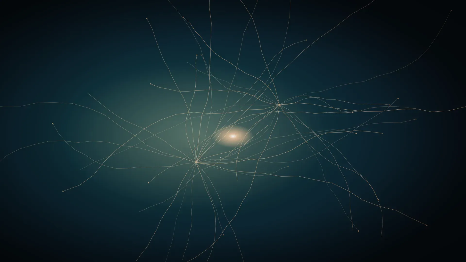 A network of gold filaments radiating from a warm core against a teal background