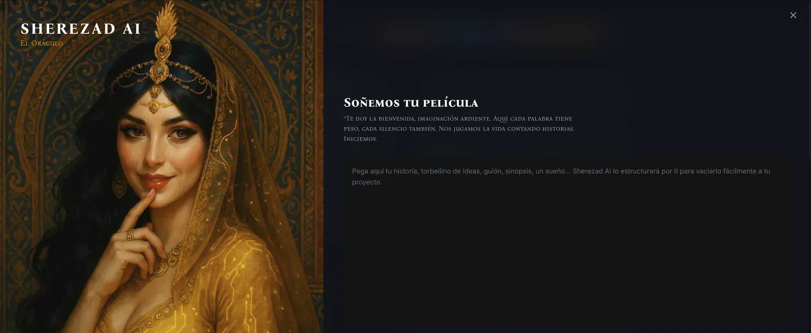 The Sherezad AI screen in March 2026: the golden portrait of Sherezad and the field where you pour out the idea