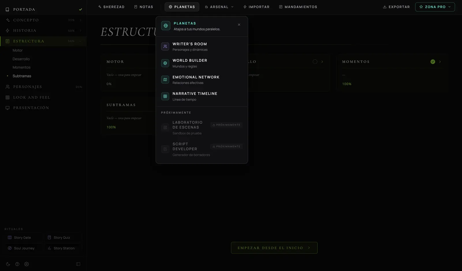 Sherezad's planet menu open over the Structure room: Writers Room, World Builder, Emotional Network, Narrative Timeline