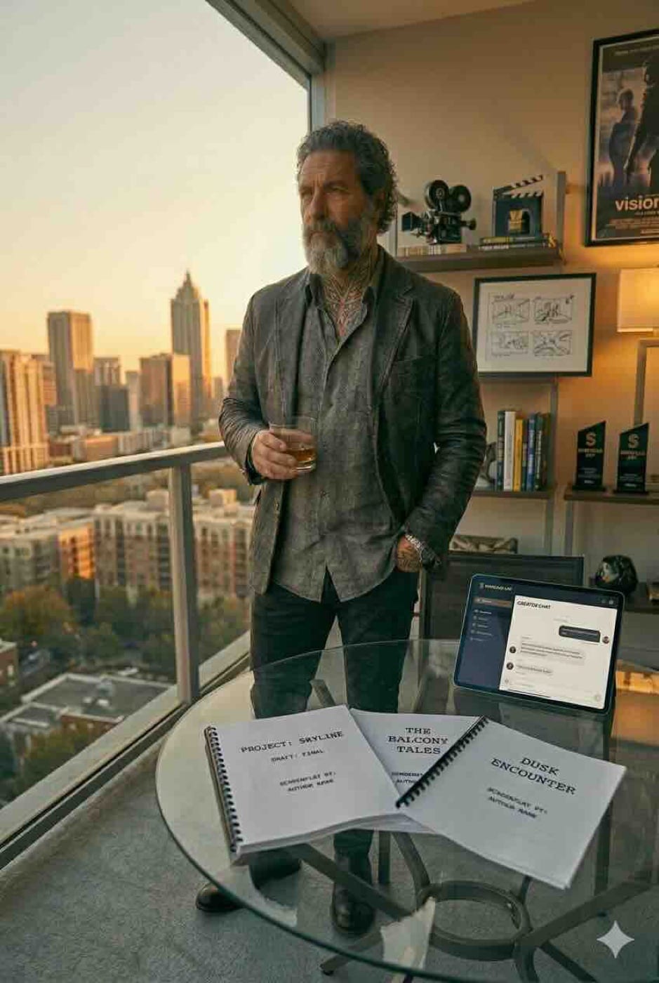 Barry Whitmore, el productor de la casa, de pie en su oficina con vista a la ciudad, con tres guiones sobre la mesa