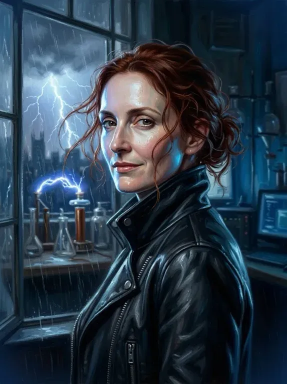 Oil portrait of Mary Shelley, in a black dress, with an open notebook and a storm behind the window