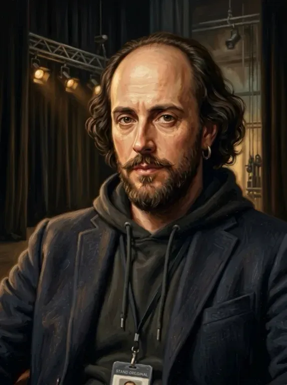 Oil portrait of William Shakespeare, in a white ruff and dark doublet, by candlelight