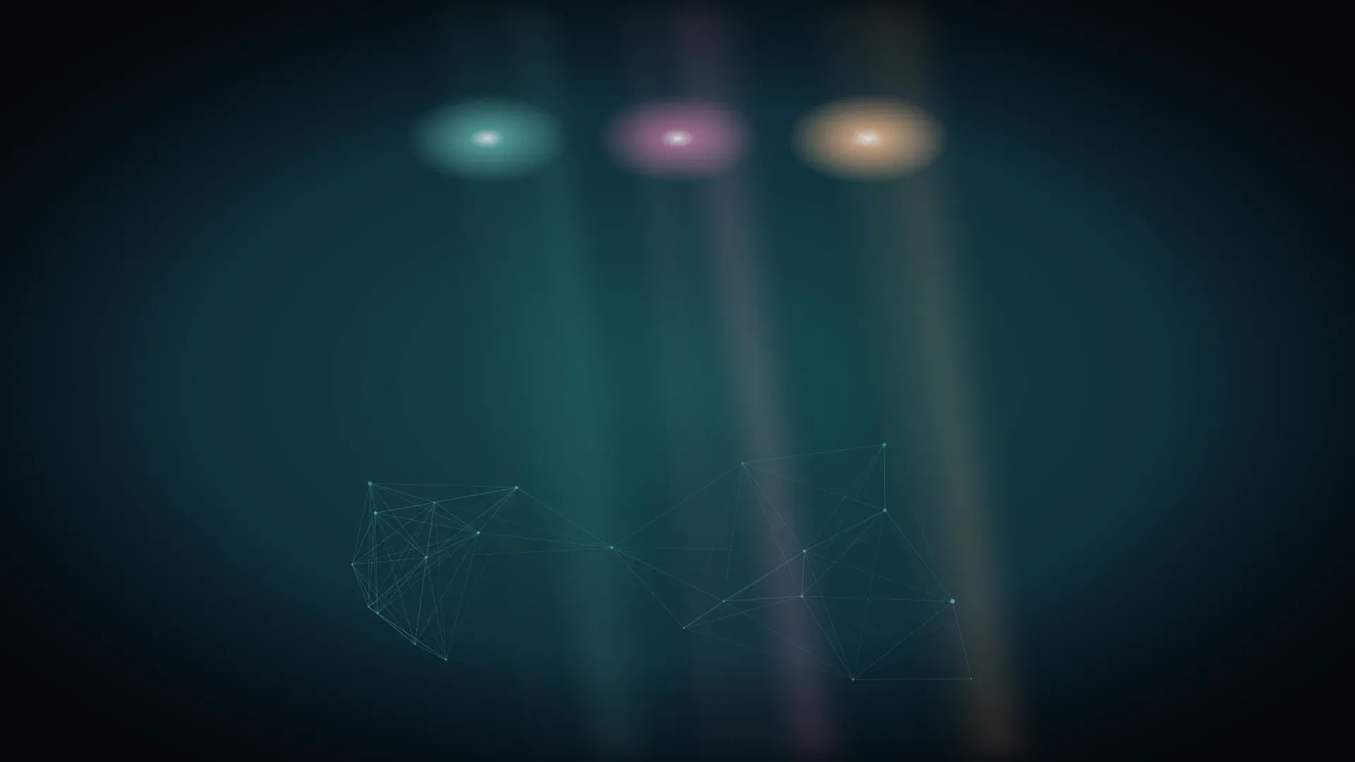 Three lights in a row above the abyss, one teal, one magenta and one gold, each with its own network of filaments