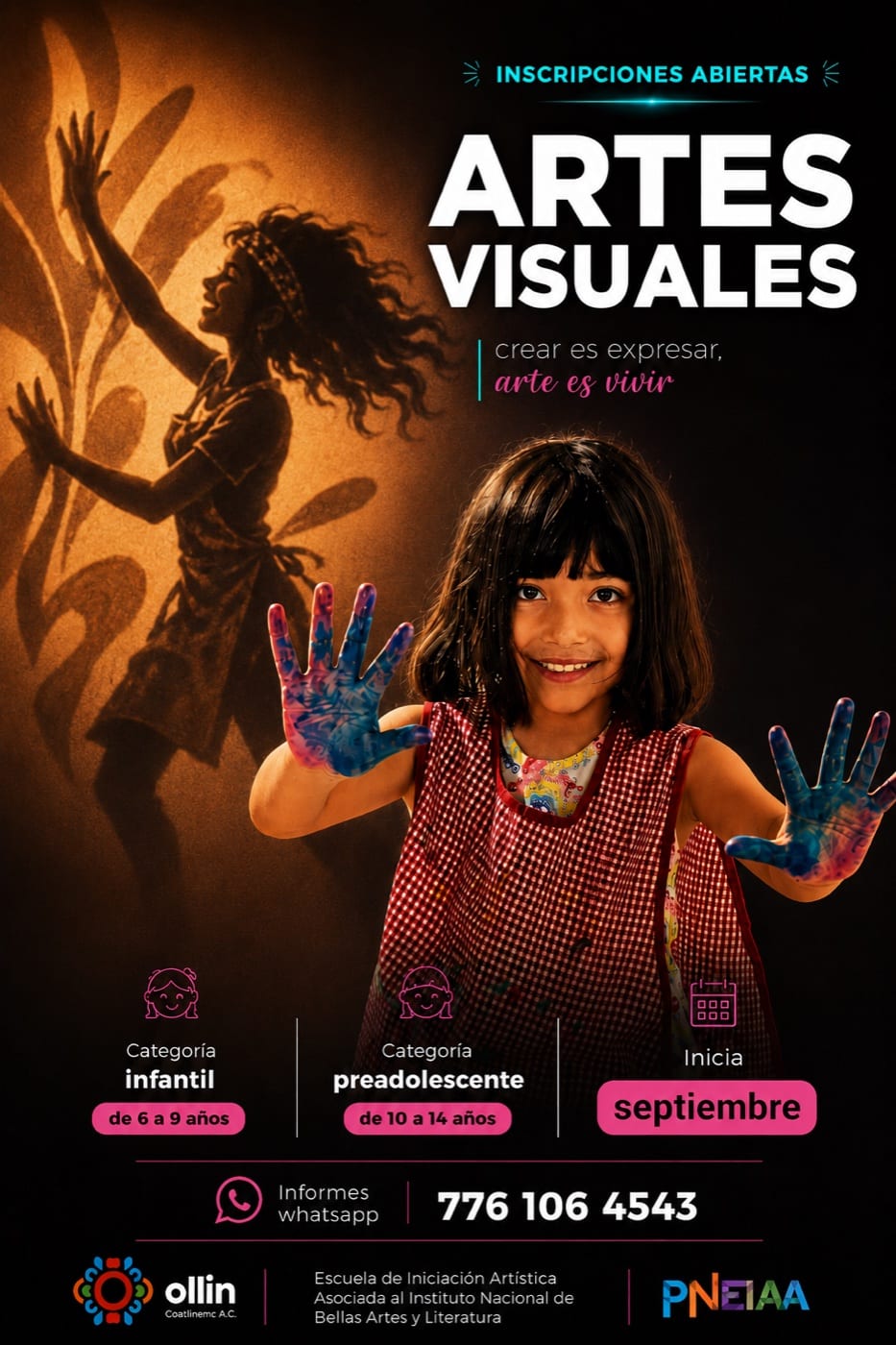 Cartel de Artes Visuales: una niña muestra las manos manchadas de pintura frente a la sombra de una pintora