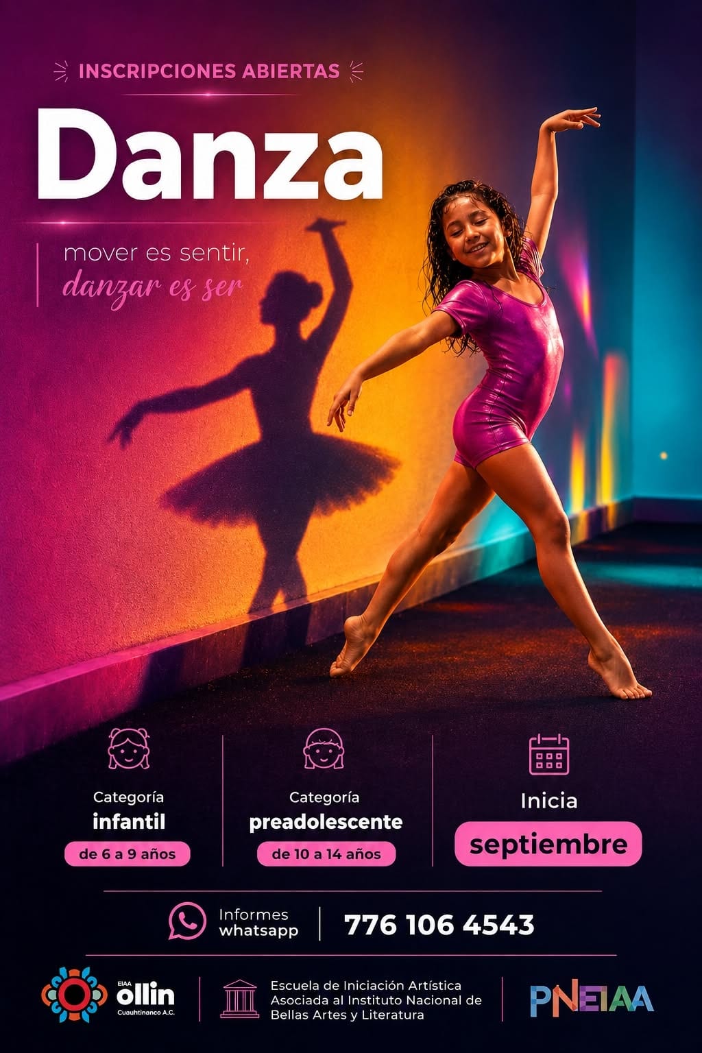 Cartel de Danza: una niña baila frente a su sombra de bailarina, sobre una pared naranja y magenta