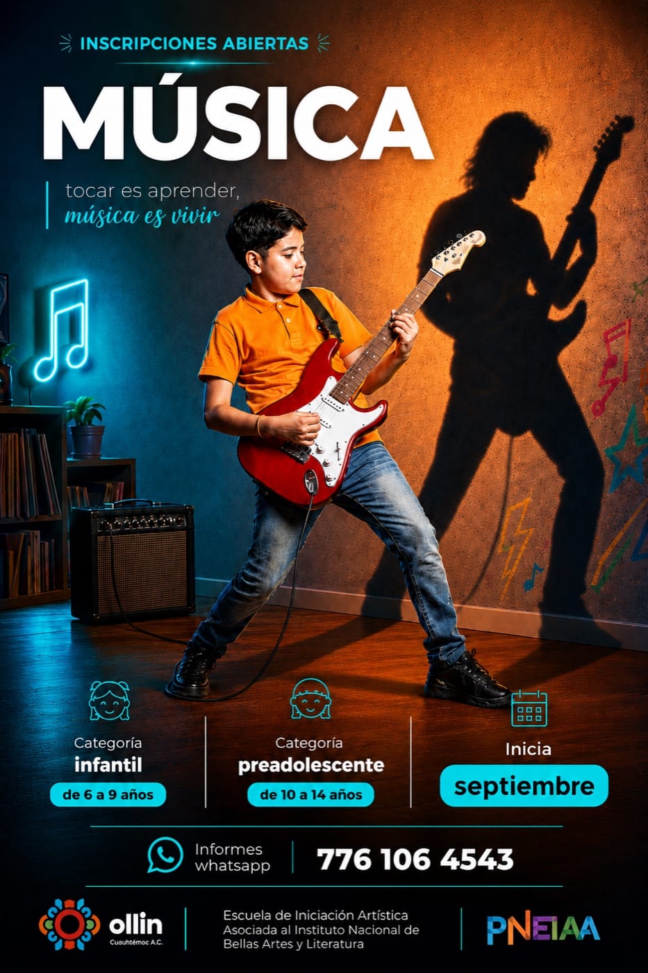 Cartel de Música: un niño toca una guitarra eléctrica roja frente a su sombra de guitarrista adulto