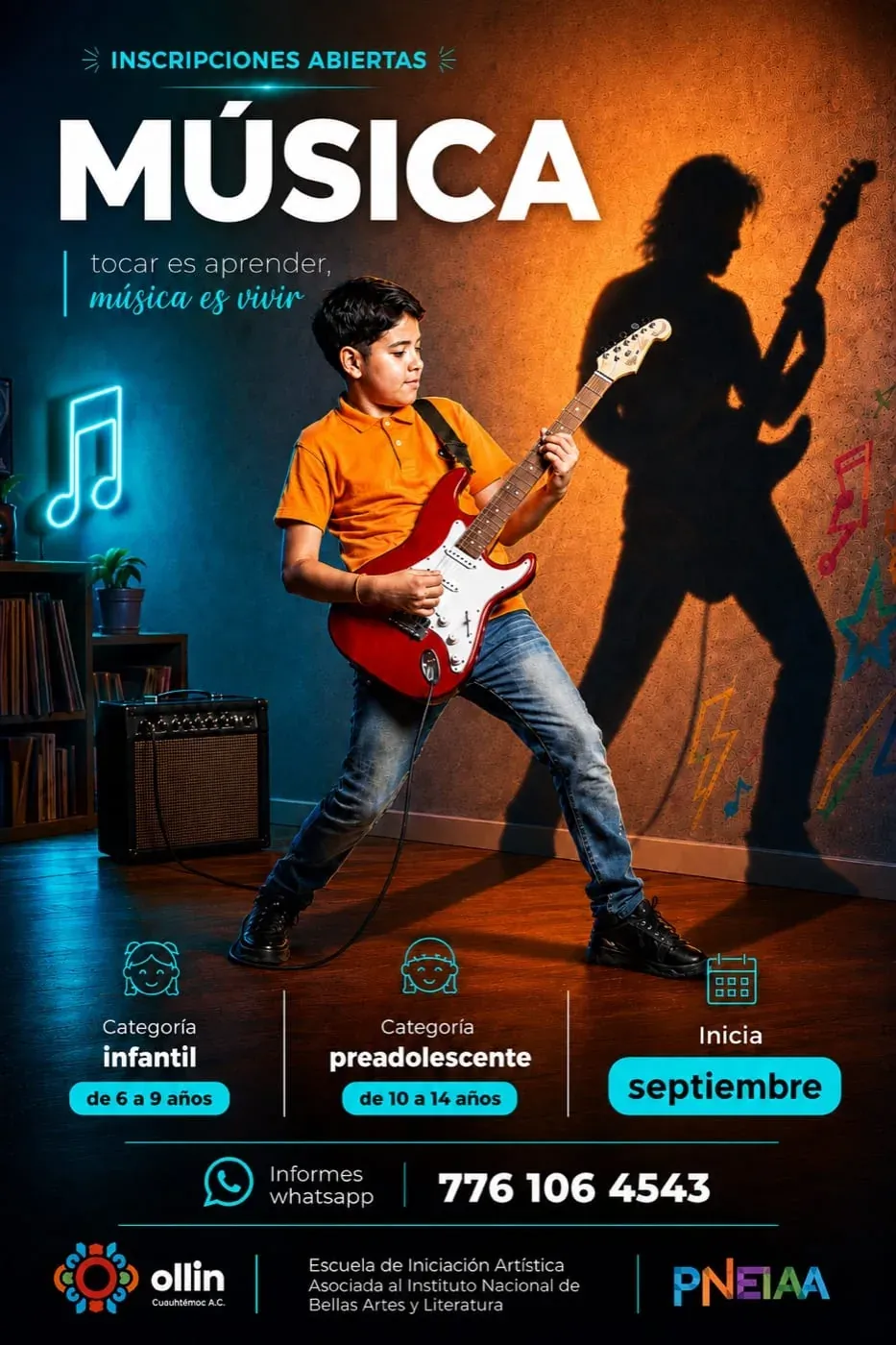 Music poster: a boy plays a red electric guitar in front of his shadow as an adult guitarist