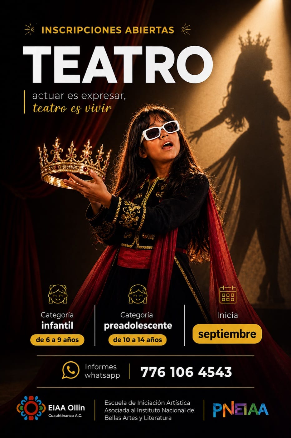 Cartel de Teatro: una niña con lentes oscuros sostiene una corona frente a la sombra de una reina