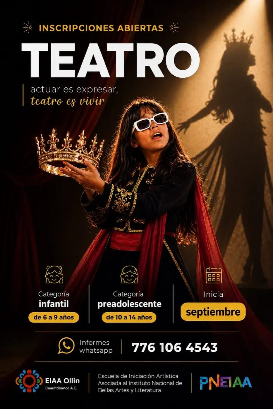 Theater poster: a girl in dark glasses holds a crown in front of the shadow of a queen